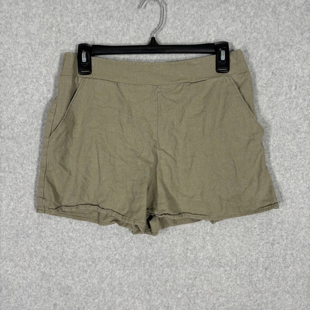Linen Shorts Juniors Medium Pull On Elastic Waist Pockets Army Olive Casual